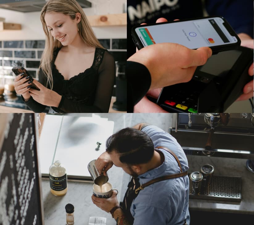 Kolaż zdjęć przedstawiających: uśmiechniętą kobietę trzymającą produkt, aplikację mobilną do zbierania pieczątek na smartfonie, baristę przygotowującego kawę oraz widok z góry na kawiarnię i baristów przy pracy